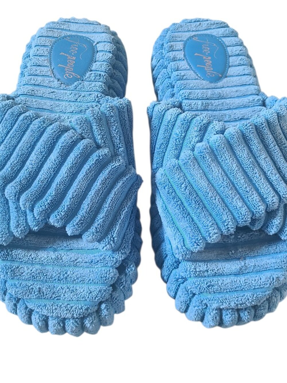 Free People Ibiza Blue Terry Cloth Slide Sandals Cozy Slippers Open Toe Women 8